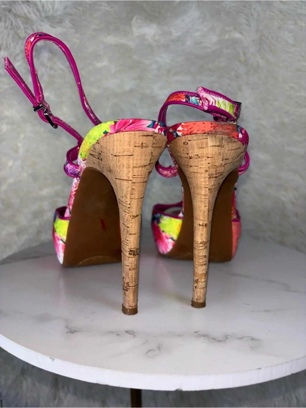 Gianni Bini Pink Floral Platform T-Strap High Heels